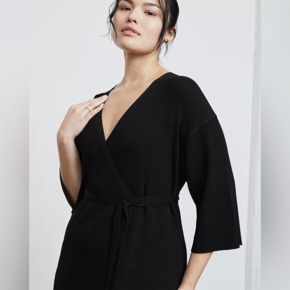 NEW Everlane The Ribbed Wrap Midi Dress Black Size XXS NWT - Picture 3 of 7